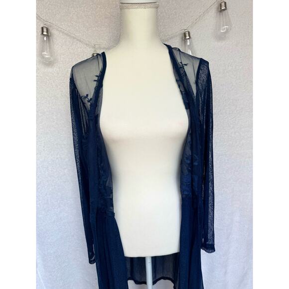Forgotten Grace Navy Blue Long Sleeve Sheer Lace Topper Cardigan Large - Picture 2 of 10